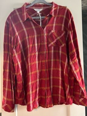 Market & Spruce Red Plaid Shirt with Yellow & Cream Stripes